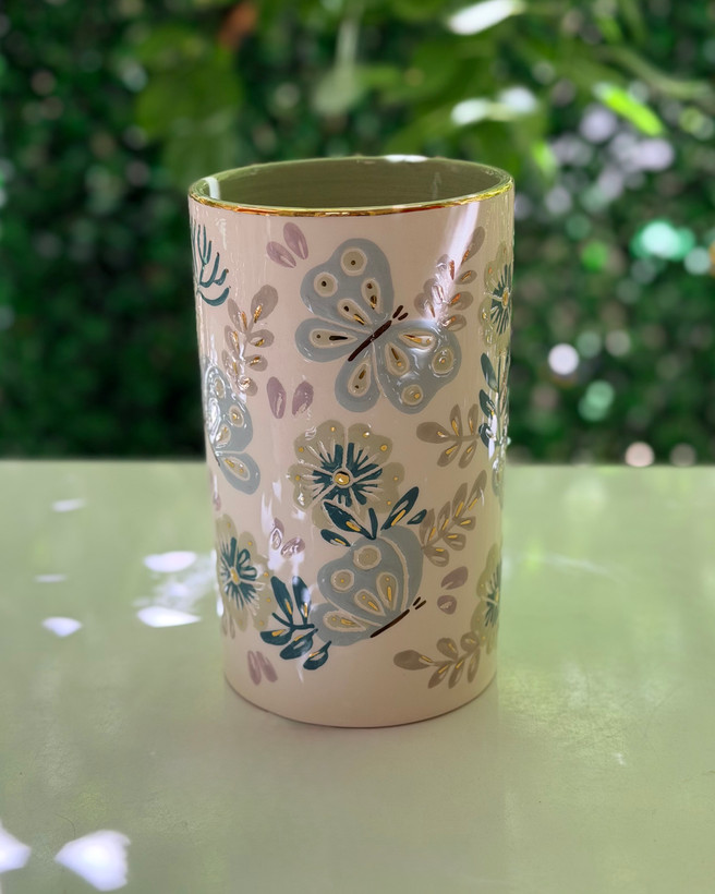 گلدان استوانه طرح گل و پروانه سبز