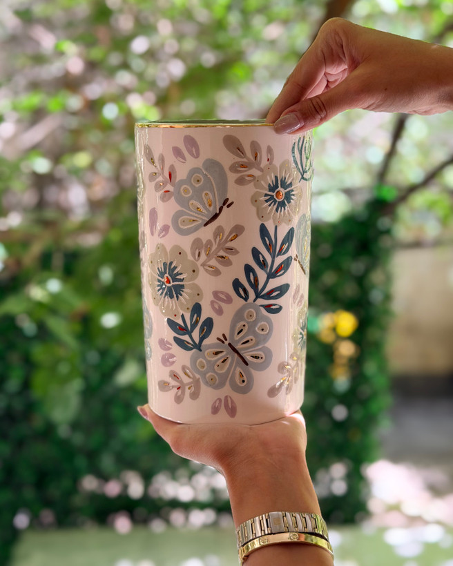گلدان استوانه طرح گل و پروانه سبز