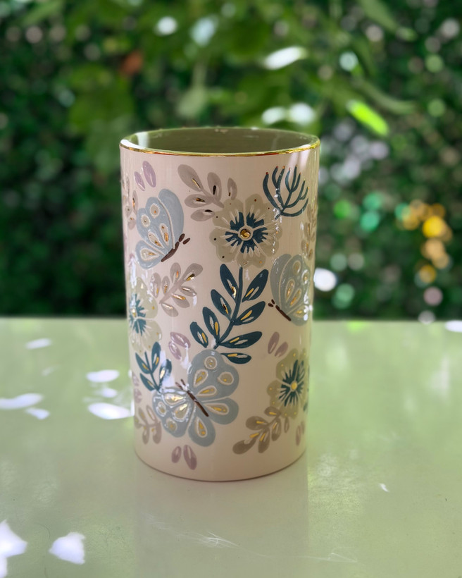 گلدان استوانه طرح گل و پروانه سبز