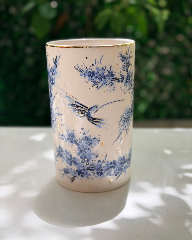 گلدان استوانه طرح پرنده آبی